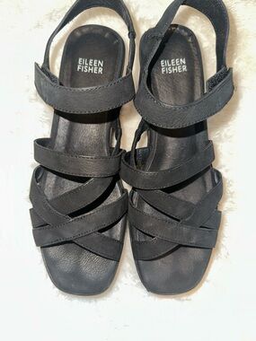 Eileen Fisher Black Leather Multi-Strap Slingback Sandals